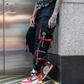 Men Hip Hop Black Cargo Pants joggers Sweatpants Overalls Men Ribbons Streetwear Harem Pants Women Fashions Trousers